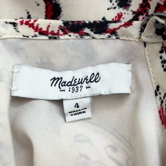 Madewell 100% Silk Floral Dress‎ Waist Tie with Pockets Cream Gray Red, Size 4 - Picture 4 of 12